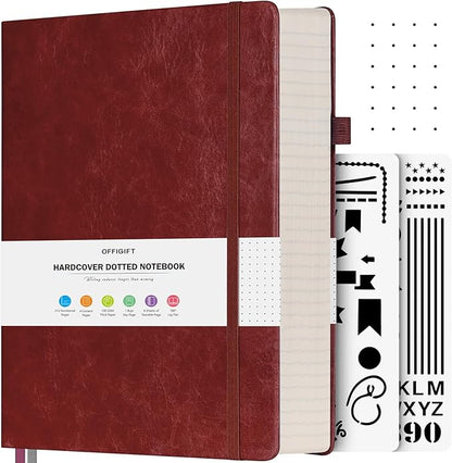 Dotted Journal Notebook, 312 Numbered Pages Large B5 Hardcover Leather Notebook, 100gsm No Bleed Paper Dot Grid Notebook with Index Pages, Dot Journal for Women Men, 7.6'' X 10'', Burgundy
