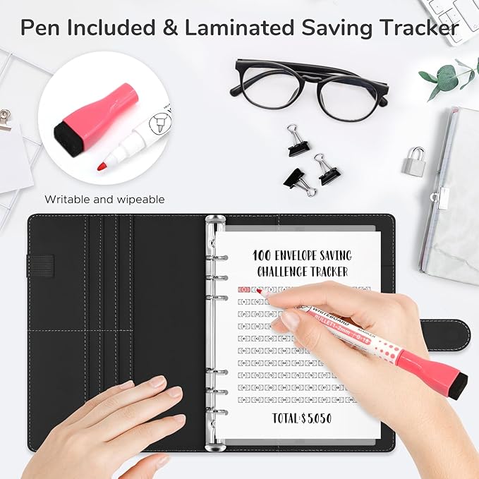 100 Envelopes Challenge Binder, A5 Money Saving Budget Binder with Upgraded Cash Envelopes & Pen, Budget Savings Challenge Book to Save $5,050, 3 Reusable Laminated Saving Challenge Tracker Included
