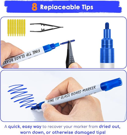 Maxtek Dry Erase Markers Fine Tip, Glass Board Markers for Glass, Window, Acrylic, Planning Board, 1mm Fine Points, 8 Bold Colors