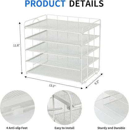 5 Tier Mesh Paper Letter Tray Organizer, Desktop Mail Sorter Office Supplies Organizer for Desk, Desk Organizers and Accessories (White)