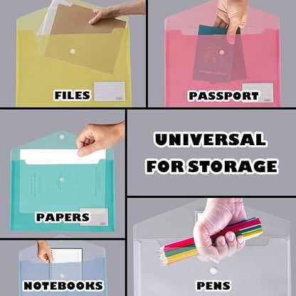 10 Pack Plastic File Folders with Label Pockets - US Letter & A4 Size Clear Document Envelopes, Assorted Color Poly Organizers for Office School Supplies