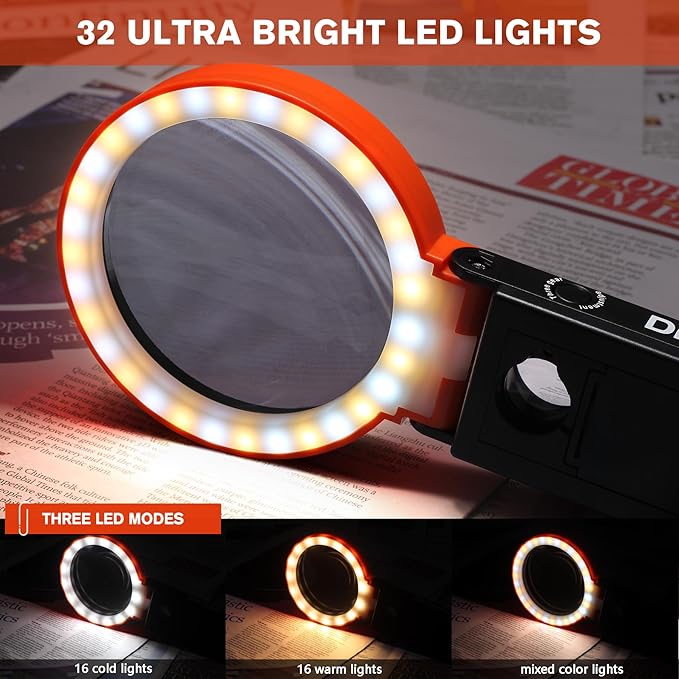 30X 40X Magnifying Glass with Light and Stand, Non-Rechargeable, Folding Design 32 LED Illuminated for Close Work, Handheld Large Glasses Reading, Powered by Battery or USB