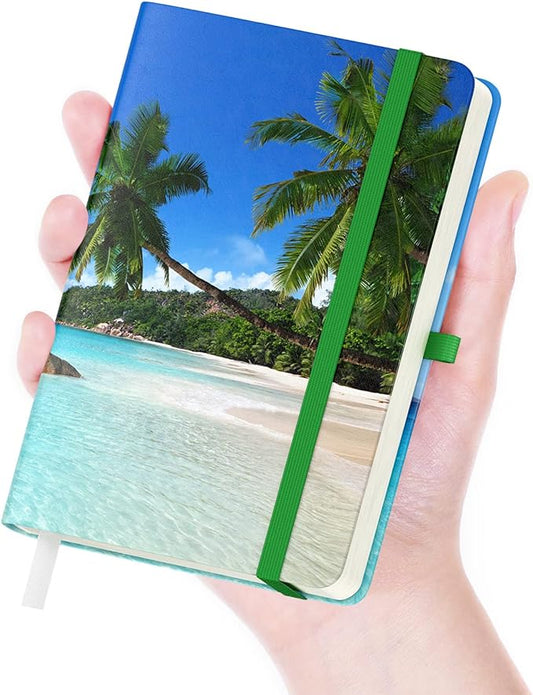 Small Notebook, Mini Pocket Journal A6 5.7" x 3.9", Leather Hardcover Journal with Pen Holder, 160 Thick Papers, Cute Lined Notebook Small Notepad for Women Writing Work Travel, Coconut Trees
