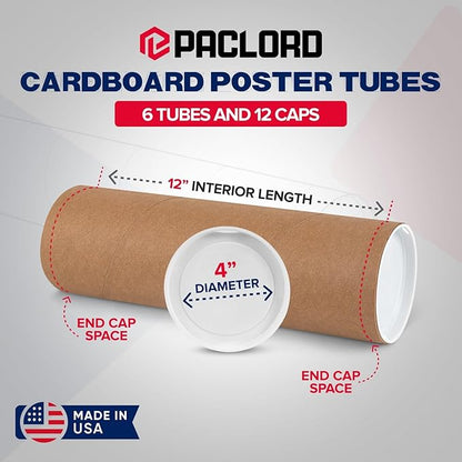 4" x 12" Reinforced Kraft Paper Mailing Tubes, Pack of 6 Tubes with 2 Caps Each – USPS Approved Poster Tube – Made in USA Cardboard Tube for Shipping and Storing Posters, Prints, Artwork, or Documents