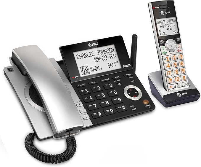 AT&T CL84107 DECT 6.0 Expandable Corded/Cordless Phone with Smart Call Blocker, Black/Silver with 1 Handset