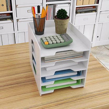 Natwind 5 Tiers Paper Organizer for Desk Desktop White File Holder Office Desk Organizer Mail Letter Tray & Paper Sorter Document Notebooks Storage Rack for Home Office School Classroom