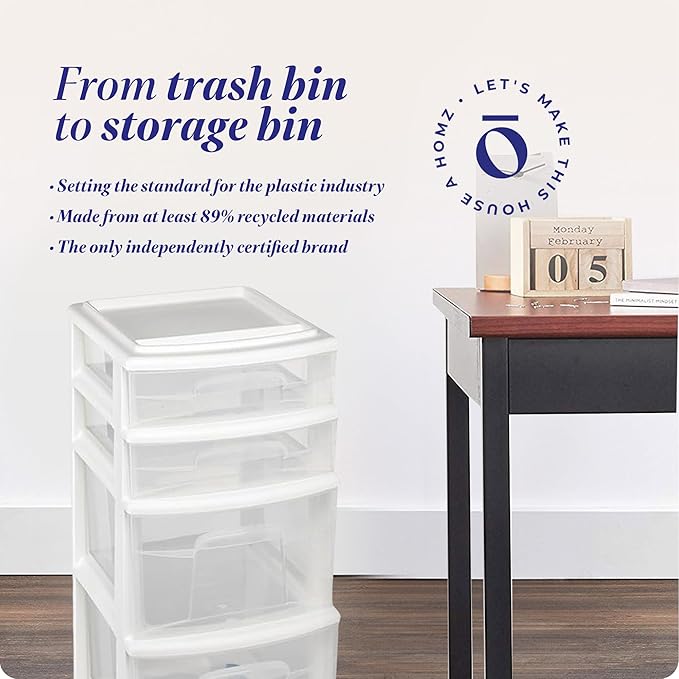 HOMZ 4-Drawer Plastic Storage Cart Organizer with Removable Wheels, White Frame