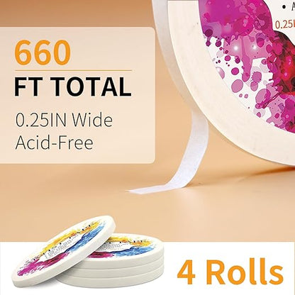 4 Packs White Artist Tape for Watercolor Paper Drafting Art Low Tack Masking Tape Acid Free Painter Watercolor Tape for Painting Canvas Framing, 0.25inch Wide 660FT Long Total