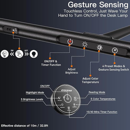 Desk Lamp, 31.5" LED Desk Lamp for Home Office,Gesture Sensing Control Desk Light, Dimmable & Color Temperature, Eye-Caring Office Lamp, Brightest Architect Lamp for Screen/Workbench