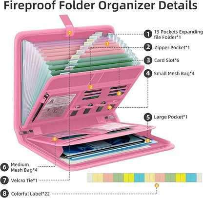 Fireproof Accordion File Organizer, Portable Expanding File Folder with Waterproof Zipper&Labels, Pink Document Organizer with 13 Pockets, File Organizer for Important Document/Paper Storage
