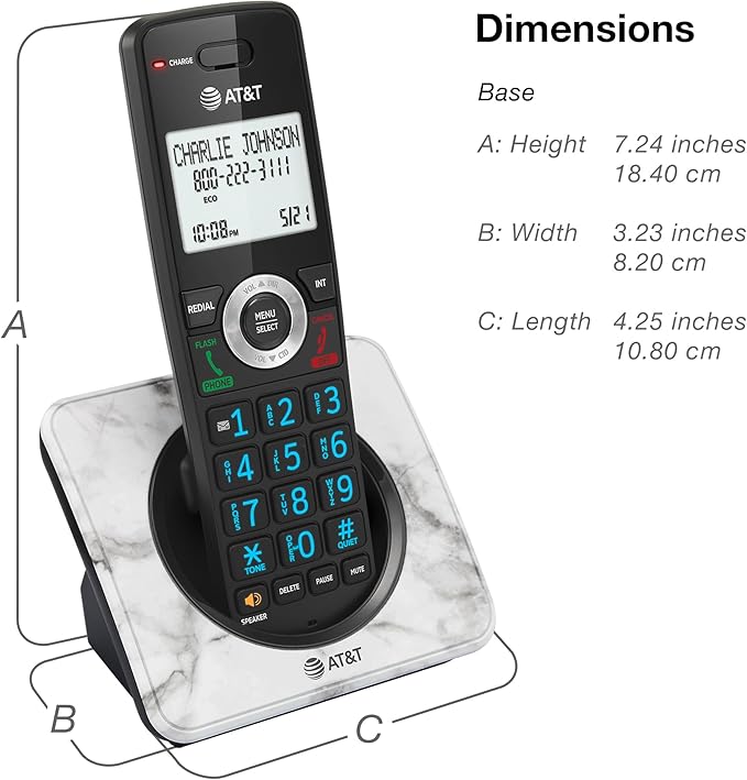 AT&T GL2101-1M DECT 6.0 Cordless Home Phone with Call Block, Caller ID, Full-Duplex Handset Speakerphone, 2" White Backlit Display, Lighted Keypad (Marble)