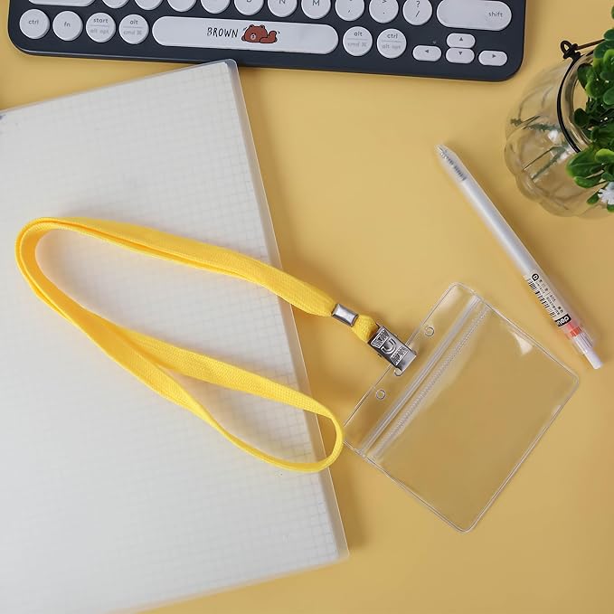 100Pcs Clear Plastic Horizontal Name Tags Badge ID Card Holders and 100Pcs Lanyards with Clip (Yellow)