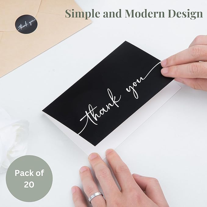 Bulk Pack of 20 Thank You Cards with Envelopes & Stickers, Black Thank You Cards 4x6 Inches - Suitable for Business, Baby Shower, Wedding, Small Business, Graduation, Bridal Shower, Funeral