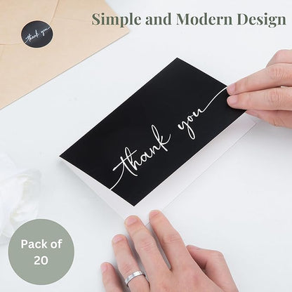 Bulk Pack of 20 Thank You Cards with Envelopes & Stickers, Black Thank You Cards 4x6 Inches - Suitable for Business, Baby Shower, Wedding, Small Business, Graduation, Bridal Shower, Funeral