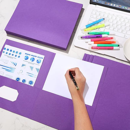 Harloon 75 Pack Two Pocket Portfolio Folders Bulk, 8.5 x 11 Inches Textured Paper with Business Card Slot Letter Size File Folders for Office School Classroom (Purple)