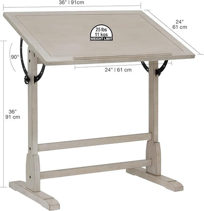 Studio Designs Vintage Drawing/Drafting Table with Pencil Ledge - 36" W x 24" D - Coastal Whitewash - Adjustable Tilting Top