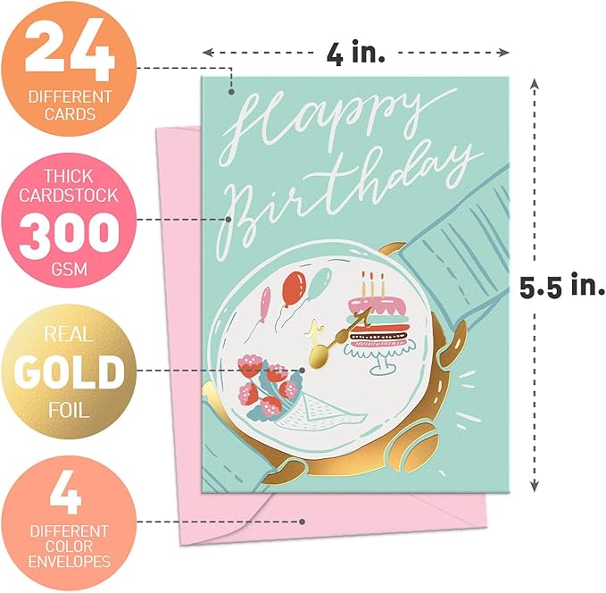 S&O Box of Birthday Cards with Envelopes - Bulk 24 Unique Happy Day Notes - Colorful Birthday Decor Bulk for Office & Home - Assorted Party Cards with Envelopes - 4x5.5”