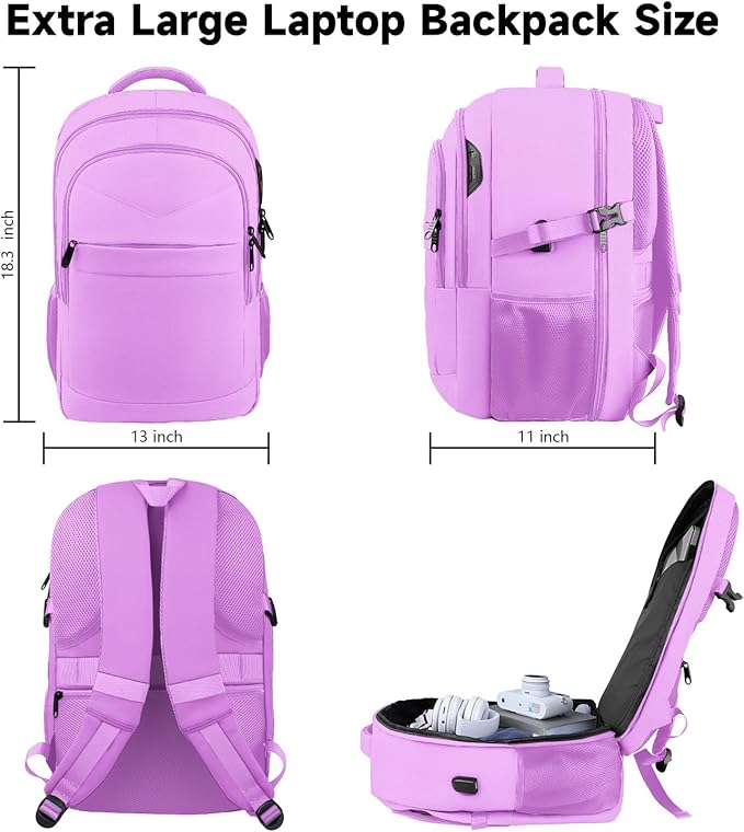 Lapsouno Large Laptop Backpack, Travel Laptop Backpack, 17.3 Inch Carry on Backpack with USB Port, TSA Travel Bag for Women,College School Backpack for Women,Light Purple