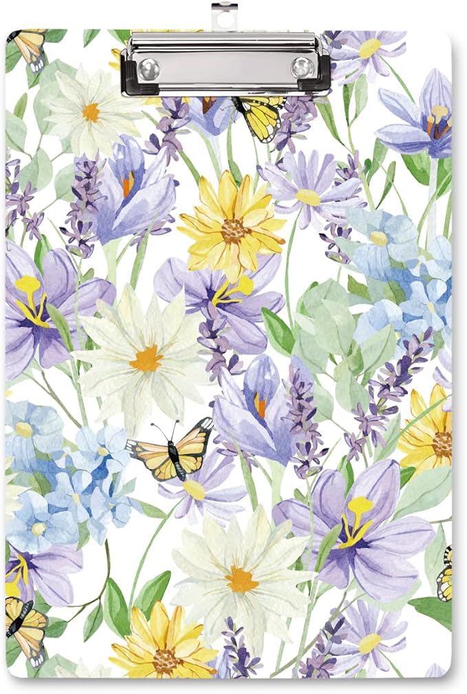 WAVEYU Cute Hardboard Office Clipboard, Clipboard with Low Profile Clip Designed for Students Classroom School and Office Use(12.5"x9"), Yellow Flower