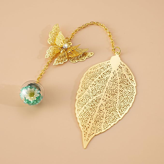 Golden Leaf Metal 3D Bookmark with Bonus Handmade Greeting Card, Butterfly & Sunflower Craft Gift Card Envelope, Gift for Book Lovers, Family, Friends, Teacher & Kids Chongzhen