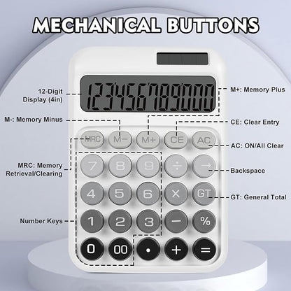 Mechanical Switch Calculator with Big Buttons, Calculators Desktop, 12 Digits, Solar Battery Power, Desk Calculator, Large LCD Display, Cute White Calculator for Teachers Students Basic Office