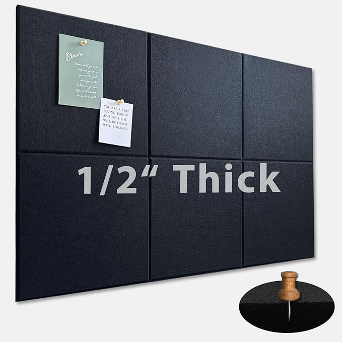 Large Cork Board for Office Wall Decor,36"x24"-6 Pack Felt Wall Tiles with 35 Push Pins, Thicker 0.47in, Felt Bulletin Board Pin Board Cork Boards for Walls - Black