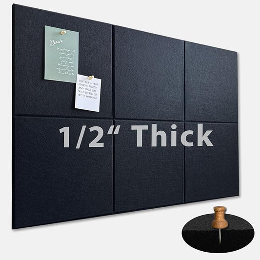 Large Cork Board for Office Wall Decor,36"x24"-6 Pack Felt Wall Tiles with 35 Push Pins, Thicker 0.47in, Felt Bulletin Board Pin Board Cork Boards for Walls - Black