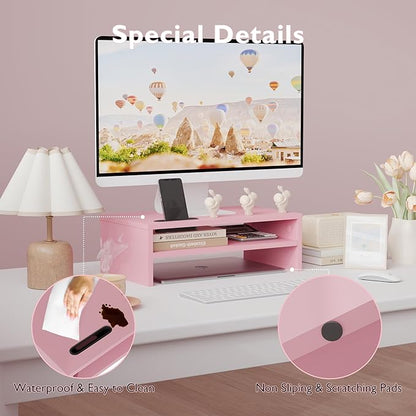 BONTEC Monitor Stand Riser, 2 Tiers Wood Monitor Riser Stand with Storage Organizer, Desktop Ergonomic Monitor Stand Riser with Cellphone Holder and Cable Management, 16.7 Inch Shelf, Pink