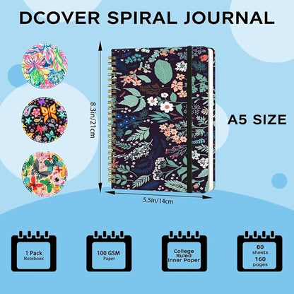 Spiral Notebook - A5 Spiral Notebooks, 8.3'' × 5.8'', 160 Pages, Aesthetic Journaling Notebooks for Women, College Lined Notebook with Elastic Closure, Back Pocket, for School Office, Leaves Black
