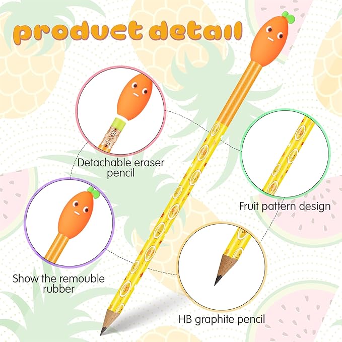 Leinuosen 30 Scented Cartoon Fruit Pencil Toppers with 12 Eraser