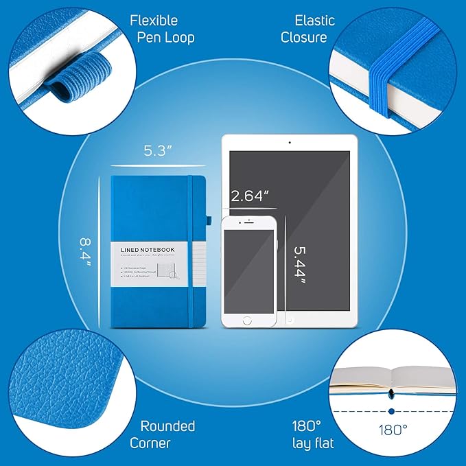 7 Pack Lined Journal Notebook, Hardcover PU Leather Notebook for Men Women, 100 GSM Thick Numbered Pages with Index Content, Inner Pockets, Bookmarks, A5 Ruled Writing Journal Bulk (Deep Blue)