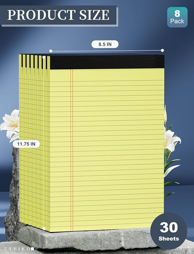 Legal Pads 8.5 x 11, 8 Pack, Yellow Paper Pads, Wide Ruled, Writing Pads 8-1/2" x 11", Micro Perforated, Premium Thick Paper, Yellow Notepads 8.5 x 11, Double Sided, Cardboard Backing, 30 Sheets/Pad