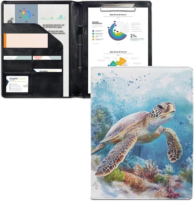 Cozeyat Underwater Sea Turtle Portfolio Padfolio Resume Folder with Pocket, PU Leather Interview Writing Legal Pads Document Organizer Portfolio with Business Card Holder