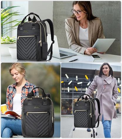 Black Backpack for Women, School Backpack for Teen Girls, 17.3Inch Quilted Backpack Purse with USB Port, Work Business Teacher Student Computer Bag, College Bookbags Casual Daypacks, Black