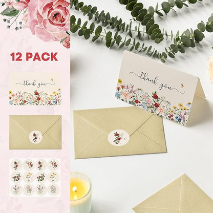 Artoid Mode 12 Pack Wildflower Thank You Cards Vintage Flower Greeting Cards Gift With Envelope Sticker Blank Note Cards for Birthday Wedding Baby Shower Bridal Shower, 4 x 6 Inch