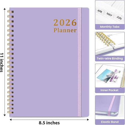 2026 Planner, Weekly and Monthly Calendar Planner, January 2026 - December 2026, Hardcover 2026 Calendar Planner Book with Tabs For Women & Men, Inner Pocket, Spiral Bound, Perfect for Office Home School Supplies - A4 (8.5" x 11"), Purple