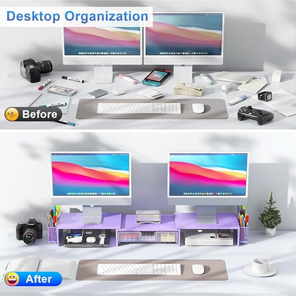 gianotter Dual Monitor Stand Riser, Desk Organizer With Drawer and 2 Pen Holders, Desk Organizers and Accessories, Purple Office Decor (Purple)