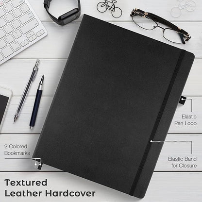 College Ruled Notebook, A4 Hardcover Leather Notebook for Work, Lined Notebook Journal for Women, Men, 192 Thick Paper, Lay Flat, Large Notebook with 2 Pockets, Professional Business Notebook, Black