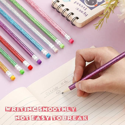 Outus 68 Pieces Glitter Pencils with Eraser Wood Colorful Pencils and Sharpeners for Graduation Kids Writing Painting