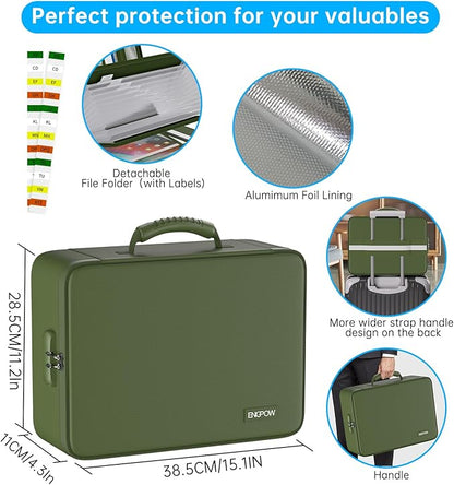 ENGPOW 5200℉ Fireproof File Organizer Bag with 13 Pocket Accordion File Folder,Document Organizer Box with Lock&Labels,Multi-Layer Portable Home Travel Safe Storage for Important Documents,Green