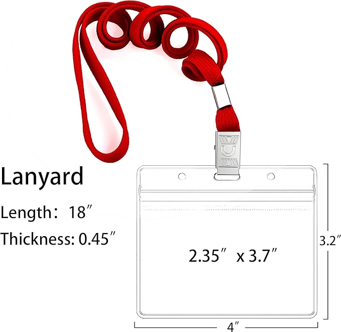 100Pcs Clear Plastic Horizontal Name Tags Badge ID Card Holders and 100Pcs Lanyards with Clip (Red)