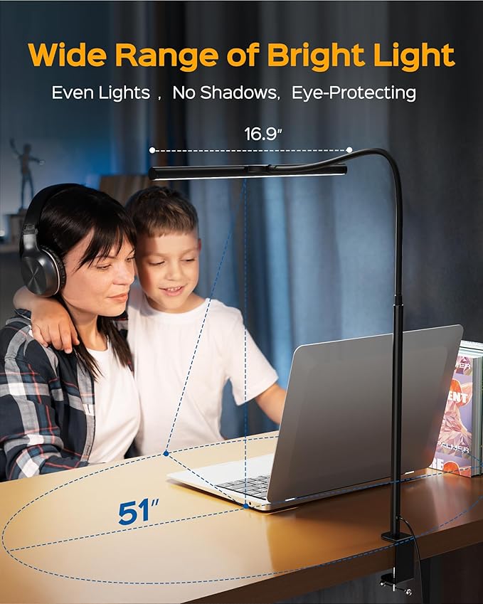 SUPERDANNY Desk Lamp for Home Office, Eye-Caring Desk Light with Adjustable Gooseneck, 12W Touch Control Dimmable Brightness, Architect Clamp Lamp for Computer Monitor