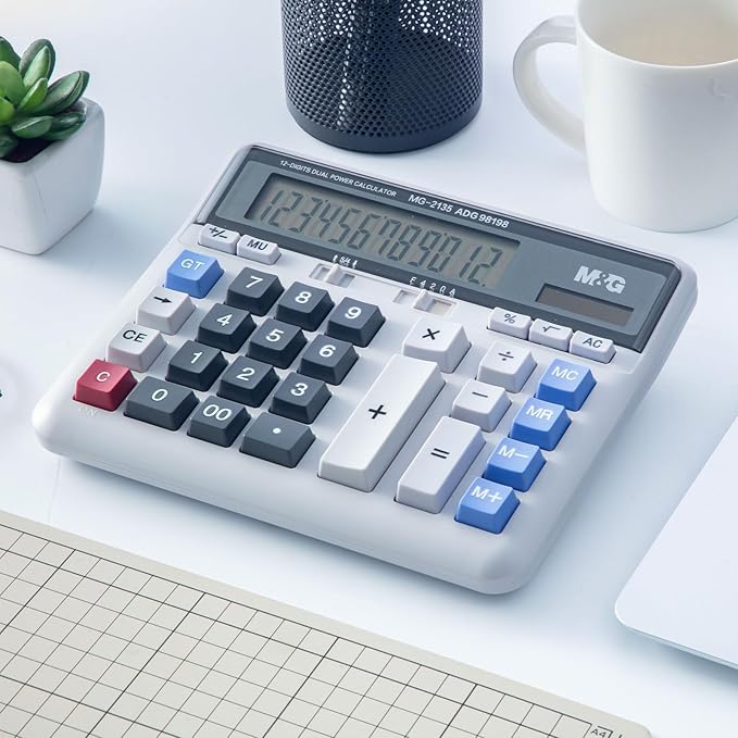 M&G Desktop Calculator 12 Digits Extra Large LCD Display, Dual Solar Power and Battery, Mechanical Calculator with Big Buttons, Battery Include, Basic Financial Calculator for Office Home School