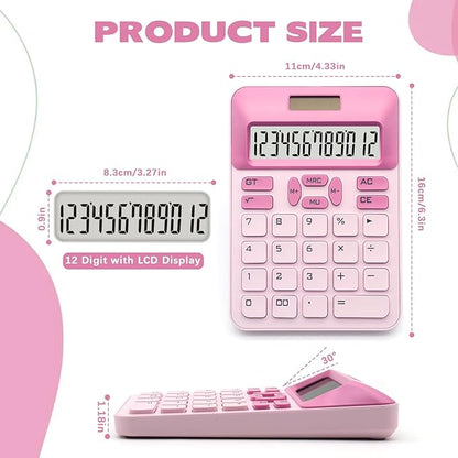 Pink Calculator, Standard Calculator,Basic Office Calculator with 12 Digit LCD Display,Pink Office Supplies,Cute Calculator for Office, Home, School,Shop