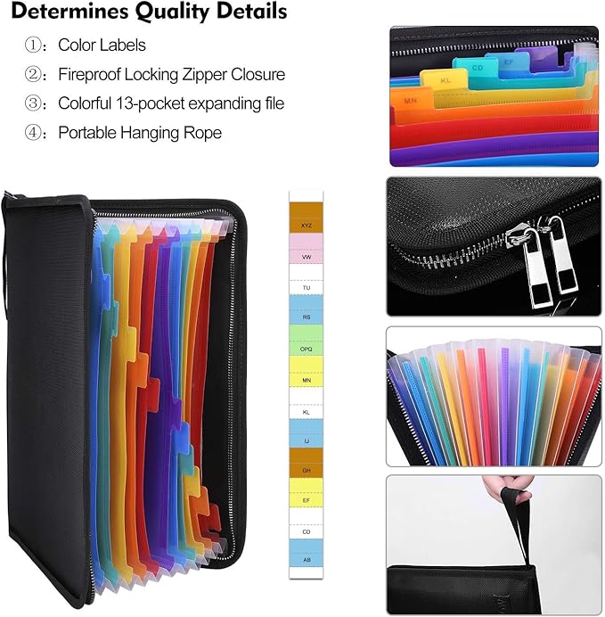 ENGPOW Fireproof Expanding File Folder with 13 Multicolored Pockets A4 Size Document Organizer with Color Labels Zipper Closure Non-Itchy Silicone Coated Portable Filing Pouch(14.3" x 9.8")