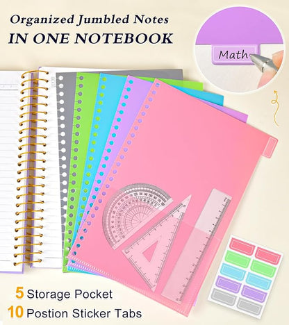 5 Subject Notebook College Ruled with Removable Pocket Dividers Tabs, 240 Pages Spiral Notebook 8.5 x 11, Lined Journal Notebook for Women , Hardcover Notebooks for Work School Note taking A4 Purple