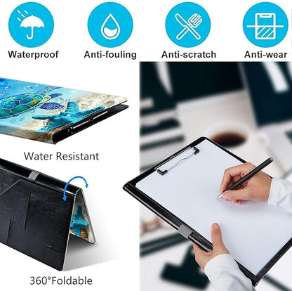 PU Leather Padfolio Clipboard Notepad with Pen Loop and Elastic Strap Interview/Resume Document Organizer for Business School Office,Blue Turtle