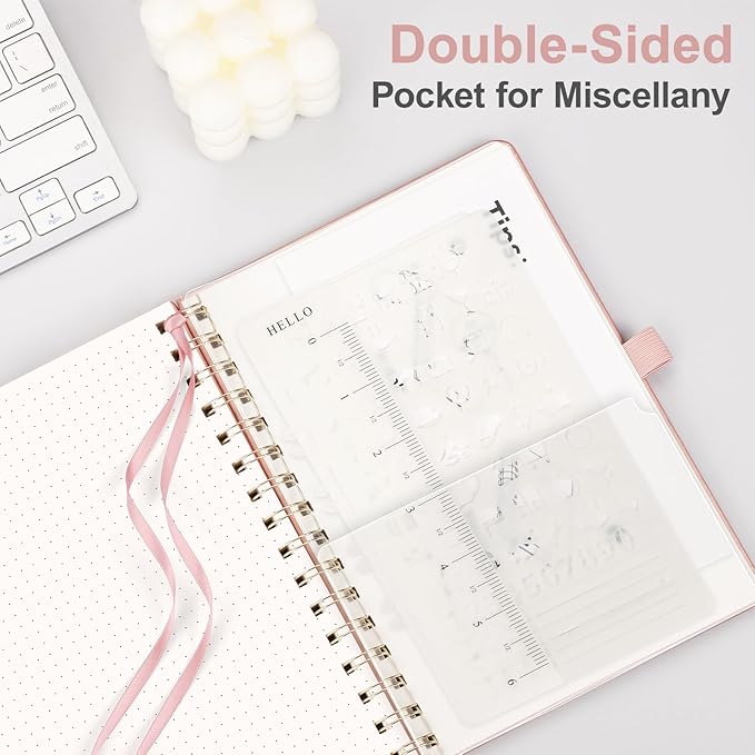 AHGXG Bullet Dotted Journal Spiral Notebook 8.5" x 11", Large A4 Leather Hardcover Dotted Notebook, 100 GSM Thick Dot Grid Paper, Inner Pocket, for Bullet Journaling, Rose Gold