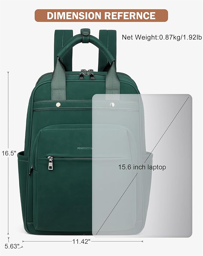 MASINTOR Leather Laptop Backpack for Women, Stylish Computer Backpack College Business Work Shoulder Bags Work and Travel Retro Green