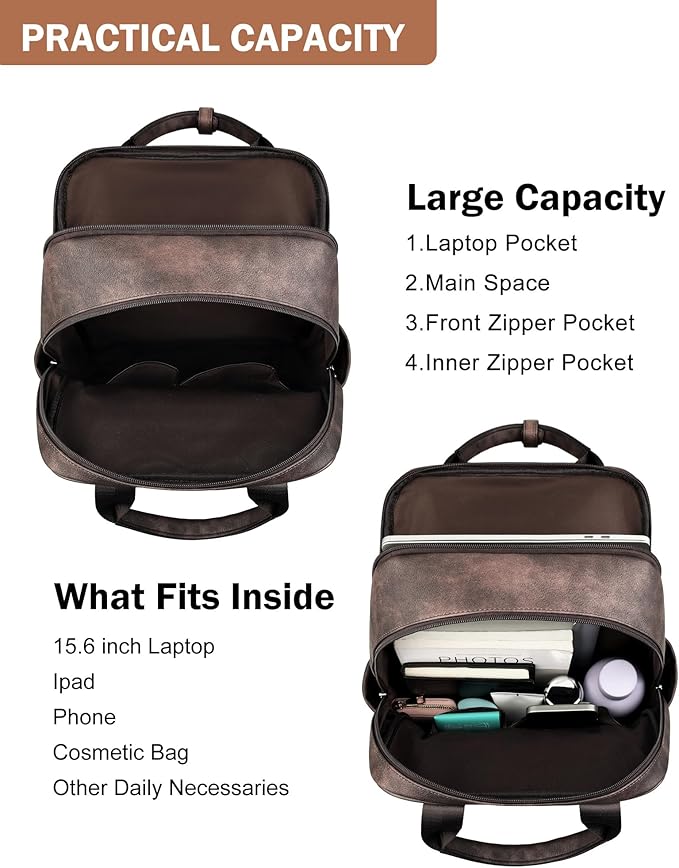 MASINTOR Leather Laptop Backpack for Women, Stylish Computer Backpack College Business Work Shoulder Bags Work and Travel Retro Coffee